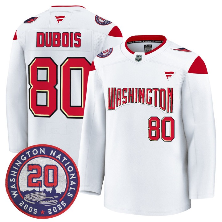Men's Washington Capitals #80 Pierre-Luc Dubois White 20th Anniversary Seasons Patch Premium Stitched Jersey
