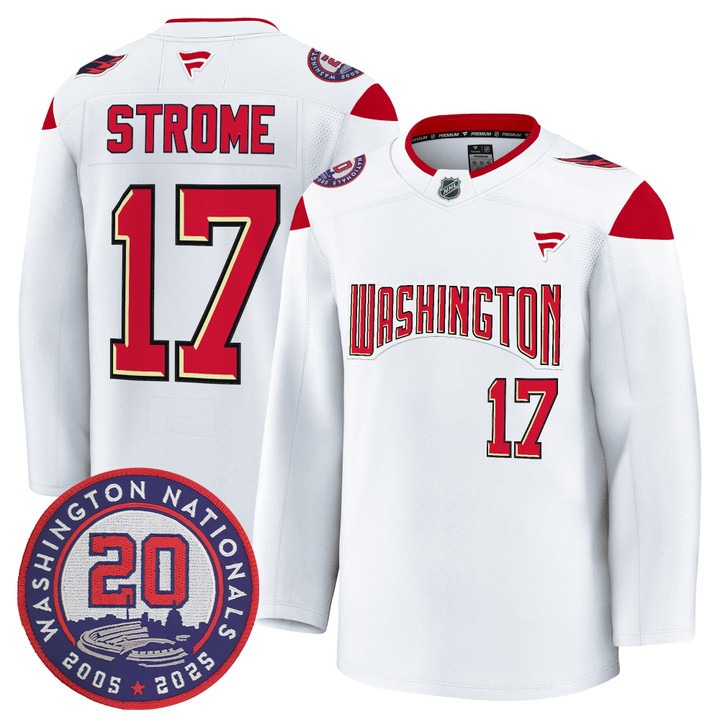 Men's Washington Capitals #17 Dylan Strome White 20th Anniversary Seasons Patch Premium Stitched Jersey