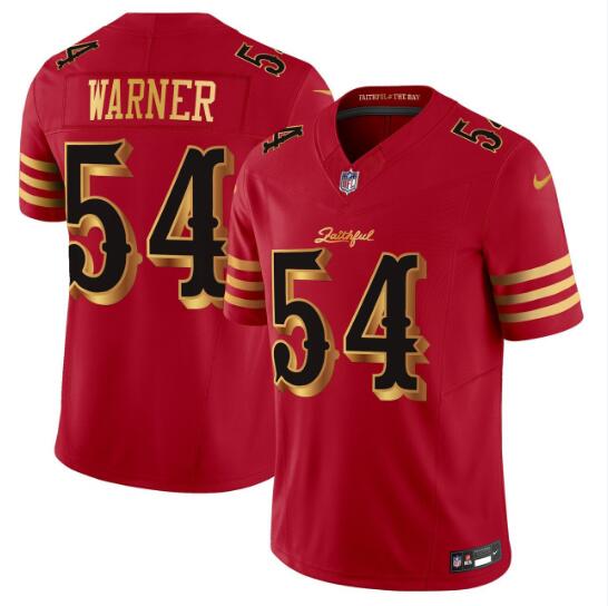 Men's San Francisco 49ers #54 Fred Warner Red Gold 2025 F.U.S.E. “Rivalries” Vapor Limited Stitched Football Jersey Men's San Francisco 49ers #54 Fred Warner Red Gold 2025 F.U.S.E. “Rivalries” Vapor Limited Stitched Football Jersey