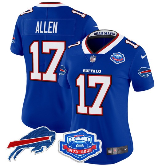 Women's Buffalo Bills #17 Josh Allen Royal Rivalries Farewell Season Patch 2025 Vapor Limited Stitched Jersey Women's Buffalo Bills #17 Josh Allen Royal Rivalries Farewell Season Patch 2025 Vapor Limited Stitched Jersey