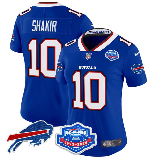 Women's Buffalo Bills #10 Khalil Shakir Royal Rivalries Farewell Season Patch 2025 Vapor Limited Stitched Jersey Women's Buffalo Bills #10 Khalil Shakir Royal Rivalries Farewell Season Patch 2025 Vapor Limited Stitched Jersey