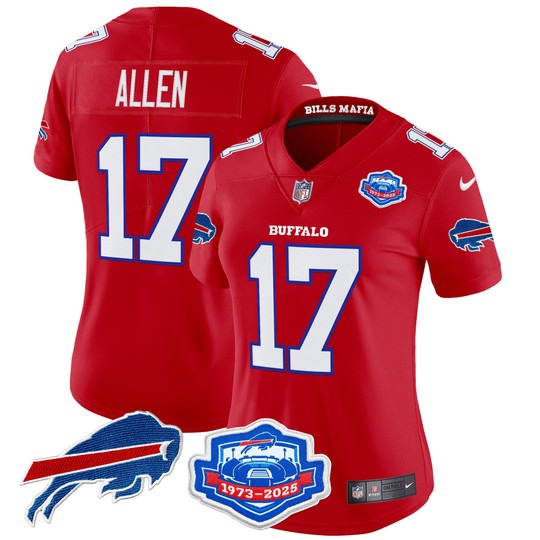 Women's Buffalo Bills #17 Josh Allen Red Rivalries Farewell Season Patch 2025 Vapor Limited Stitched Jersey Women's Buffalo Bills #17 Josh Allen Red Rivalries Farewell Season Patch 2025 Vapor Limited Stitched Jersey