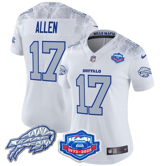 Women's Buffalo Bills #17 Josh Allen White Rivalries Farewell Season Patch 2025 Limited Stitched Jersey Women's Buffalo Bills #17 Josh Allen White Rivalries Farewell Season Patch 2025 Limited Stitched Jersey