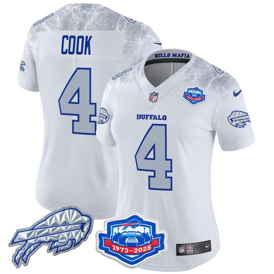 Women's Buffalo Bills #4 James Cook White Rivalries Farewell Season Patch 2025 Limited Stitched Jersey Women's Buffalo Bills #4 James Cook White Rivalries Farewell Season Patch 2025 Limited Stitched Jersey