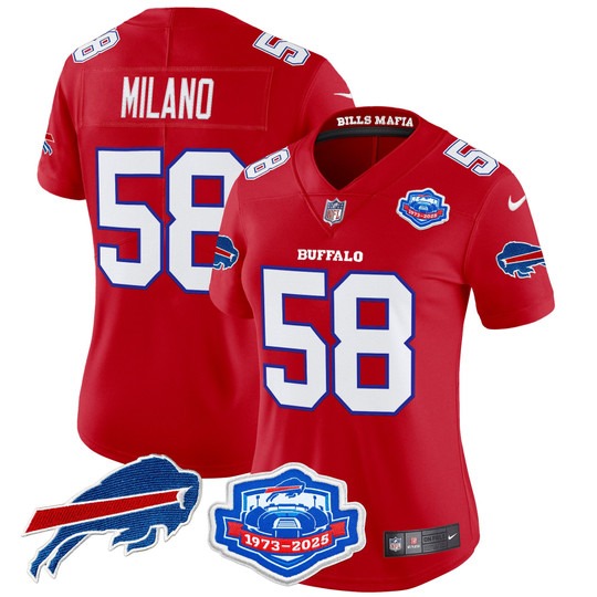 Women's Buffalo Bills #58 Matt Milano Red Rivalries Farewell Season Patch 2025 Vapor Limited Stitched Jersey Women's Buffalo Bills #58 Matt Milano Red Rivalries Farewell Season Patch 2025 Vapor Limited Stitched Jersey
