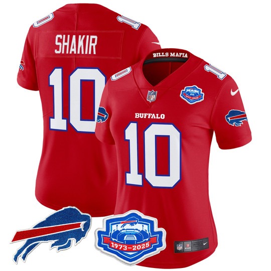 Women's Buffalo Bills #10 Khalil Shakir Red Rivalries Farewell Season Patch 2025 Vapor Limited Stitched Jersey Women's Buffalo Bills #10 Khalil Shakir Red Rivalries Farewell Season Patch 2025 Vapor Limited Stitched Jersey