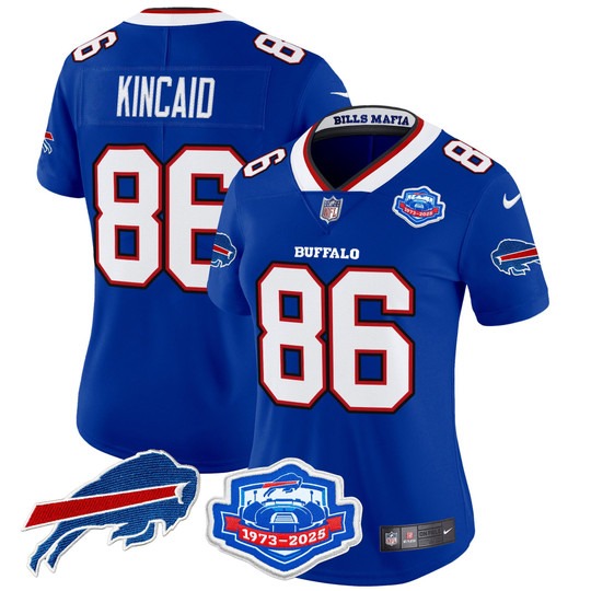 Women's Buffalo Bills #86 Dalton Kincaid Royal Rivalries Farewell Season Patch 2025 Vapor Limited Stitched Jersey Women's Buffalo Bills #86 Dalton Kincaid Royal Rivalries Farewell Season Patch 2025 Vapor Limited Stitched Jersey