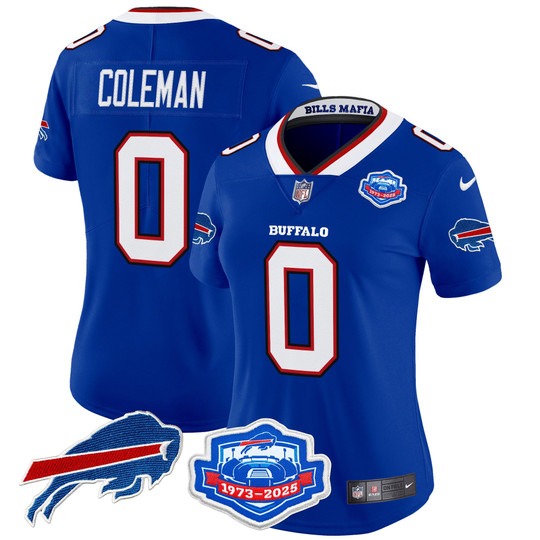 Women's Buffalo Bills #0 Keon Coleman Royal Rivalries Farewell Season Patch 2025 Vapor Limited Stitched Jersey Women's Buffalo Bills #0 Keon Coleman Royal Rivalries Farewell Season Patch 2025 Vapor Limited Stitched Jersey