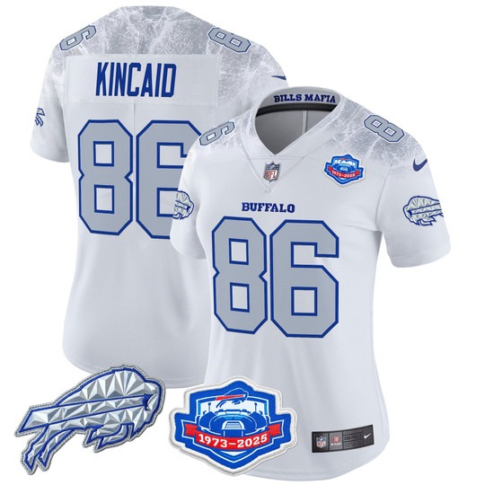 Women's Buffalo Bills #86 Dalton Kincaid White Rivalries Farewell Season Patch 2025 Limited Stitched Jersey Women's Buffalo Bills #86 Dalton Kincaid White Rivalries Farewell Season Patch 2025 Limited Stitched Jersey