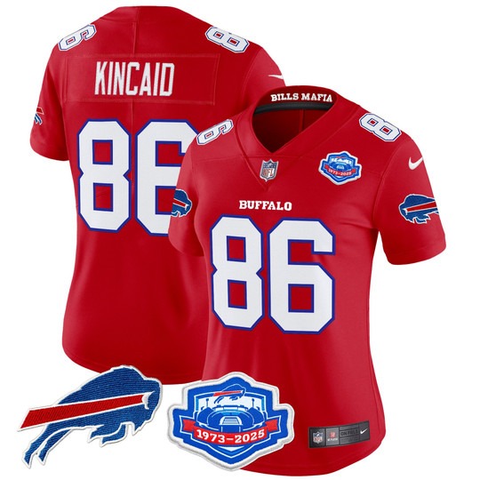 Women's Buffalo Bills #86 Dalton Kincaid Red Rivalries Farewell Season Patch 2025 Vapor Limited Stitched Jersey Women's Buffalo Bills #86 Dalton Kincaid Red Rivalries Farewell Season Patch 2025 Vapor Limited Stitched Jersey