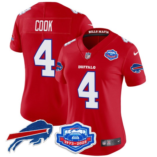 Women's Buffalo Bills #4 James Cook Red Rivalries Farewell Season Patch 2025 Vapor Limited Stitched Jersey Women's Buffalo Bills #4 James Cook Red Rivalries Farewell Season Patch 2025 Vapor Limited Stitched Jersey