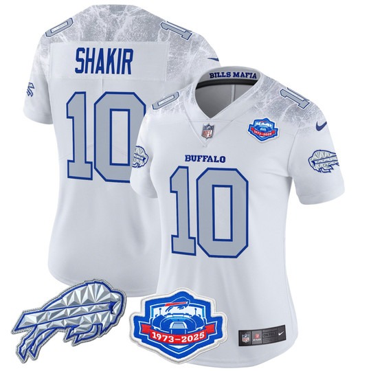 Women's Buffalo Bills #10 Khalil Shakir White Rivalries Farewell Season Patch 2025 Limited Stitched Jersey Women's Buffalo Bills #10 Khalil Shakir White Rivalries Farewell Season Patch 2025 Limited Stitched Jersey