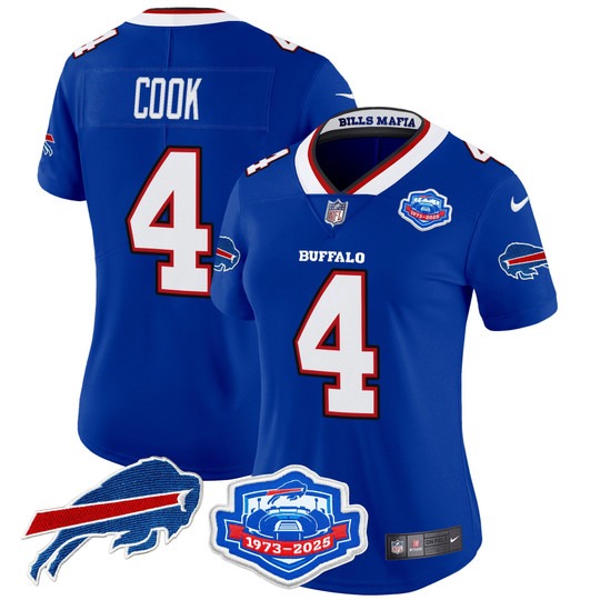 Women's Buffalo Bills #4 James Cook Royal Rivalries Farewell Season Patch 2025 Vapor Limited Stitched Jersey Women's Buffalo Bills #4 James Cook Royal Rivalries Farewell Season Patch 2025 Vapor Limited Stitched Jersey