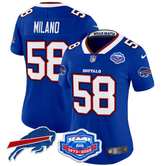 Women's Buffalo Bills #58 Matt Milano Royal Rivalries Farewell Season Patch 2025 Vapor Limited Stitched Jersey Women's Buffalo Bills #58 Matt Milano Royal Rivalries Farewell Season Patch 2025 Vapor Limited Stitched Jersey
