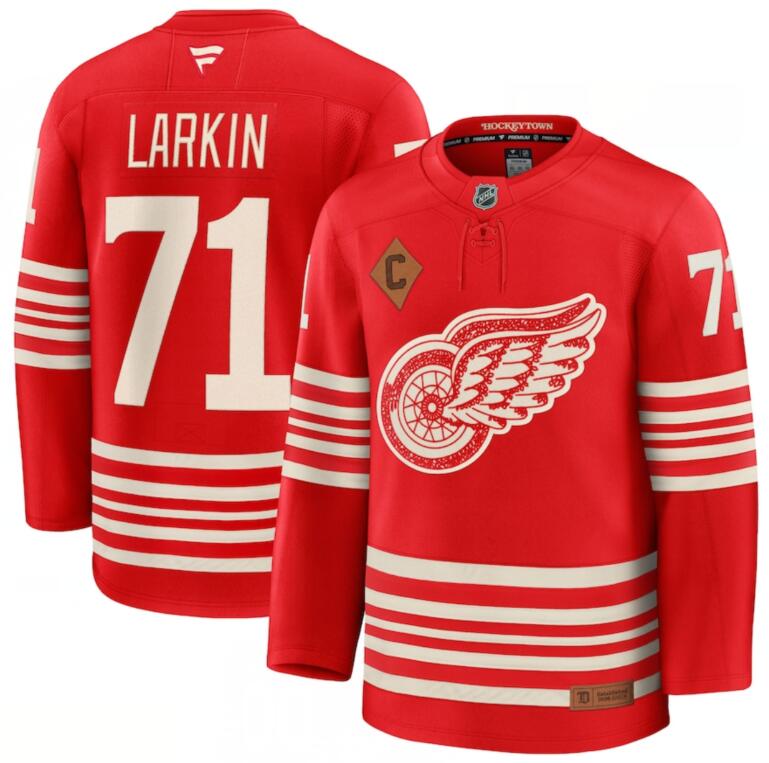 Men's Detroit Red Wings #71 Dylan Larkin Red 1926 With C Patch Centennial Premium Stitched Hockey Jersey