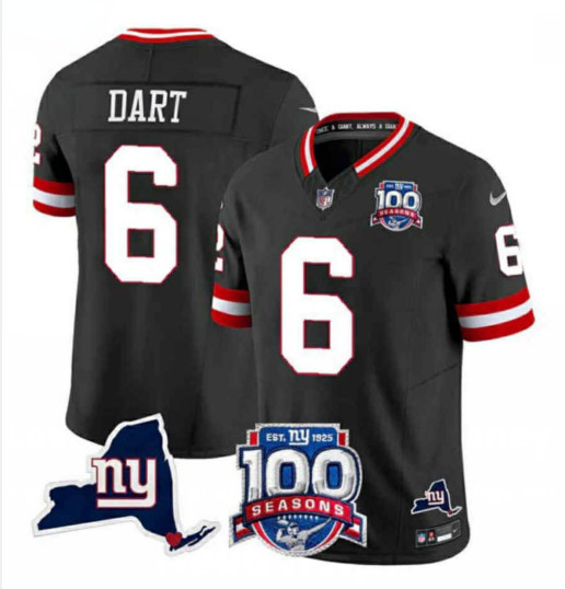 Men's New York Giants #6 Jaxson Dart Black 2025 Draft F.U.S.E. 100th Season & State Patch Vapor Limited Stitched Football Jersey