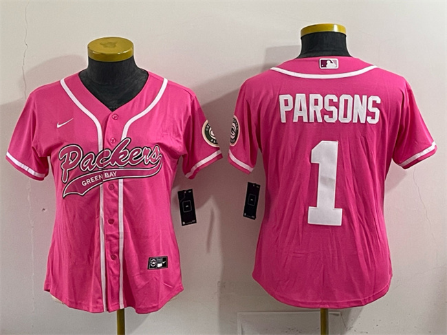Women's Green Bay Packers #1 Micah Parsons Pink With Patch Cool Base Stitched Baseball Jersey(Run Small) Women's Green Bay Packers #1 Micah Parsons Pink With Patch Cool Base Stitched Baseball Jersey(Run Small)