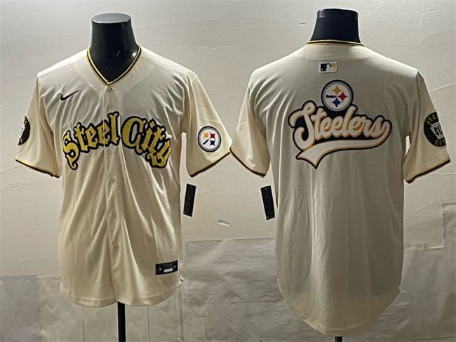 Men's Pittsburgh Steelers Team Big Logo Cream 412 Patch Vapor Premier Limited Stitched Baseball Jerseys