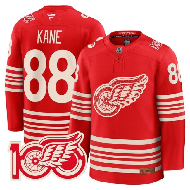 Men's Detroit Red Wings #88 Patrick Kane Red 2025 Centennial Premium With 100 Patch Stitched Hockey Jersey
