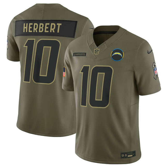 Men's Los Angeles Chargers #10 Justin Herbert Olive 2025 Salute to Service Limited Stitched Football Jersey Men's Los Angeles Chargers #10 Justin Herbert Olive 2025 Salute to Service Limited Stitched Football Jersey