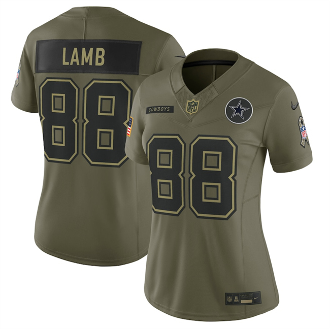 Women's Dallas Cowboys #88 CeeDee Lamb Olive 2025 Salute to Service Limited Stitched Football Jersey(Run Small) Women's Dallas Cowboys #88 CeeDee Lamb Olive 2025 Salute to Service Limited Stitched Football Jersey(Run Small)