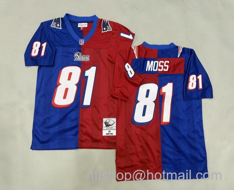 Men's New England Patriots #81 Randy Moss Red Blue Split 2007 Mitchell & Ness Jersey