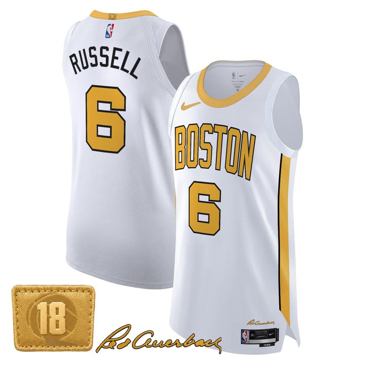 Men's Boston Celtics #6 Bill Russell White Gold 2025-26 City Edition Swingman Stitched Basketball Jersey