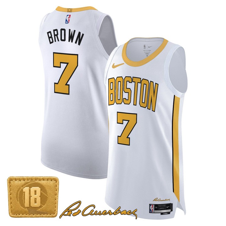 Men's Boston Celtics #7 Jaylen Brown White Gold 2025-26 City Edition Swingman Stitched Basketball Jersey
