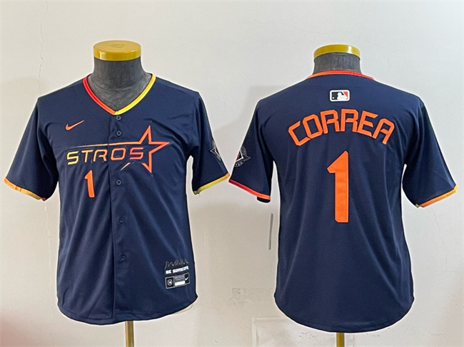 Youth Houston Astros #1 Carlos Correa Navy 2025 City Connect Limited Stitched Baseball Jersey
