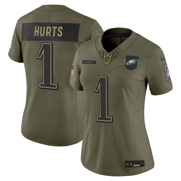 Women's Philadelphia Eagles #1 Jalen Hurts Olive 2025 Salute to Service Nike Limited Jersey Women's Philadelphia Eagles #1 Jalen Hurts Olive 2025 Salute to Service Nike Limited Jersey