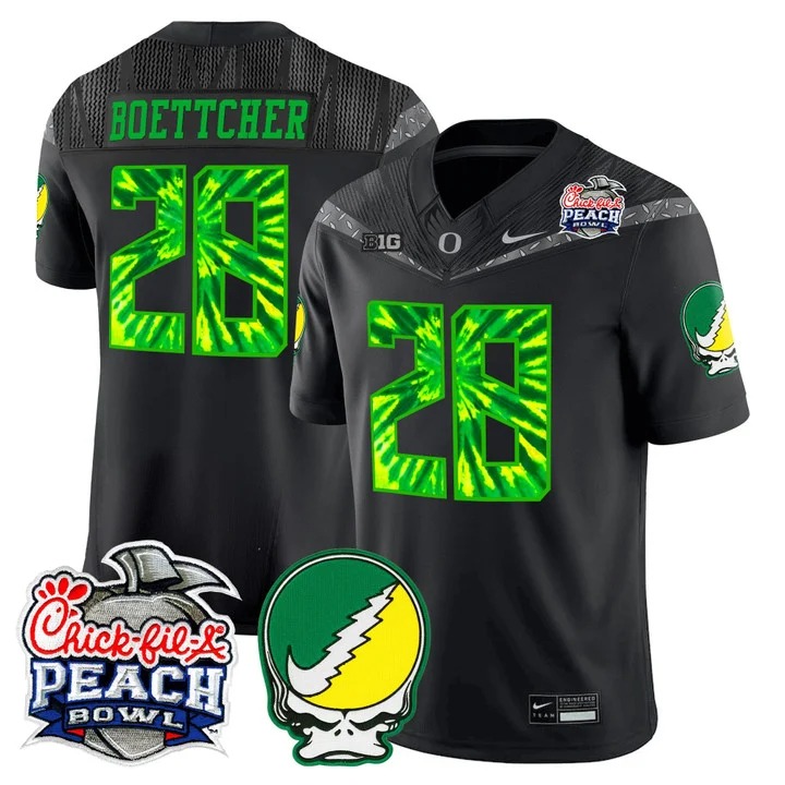 Men's Oregon Ducks #28 Bryce Boettcher Black 2026 Peach Bowl Patch Grateful Ducks F.U.S.E. Vapor Limited Stitched Jersey