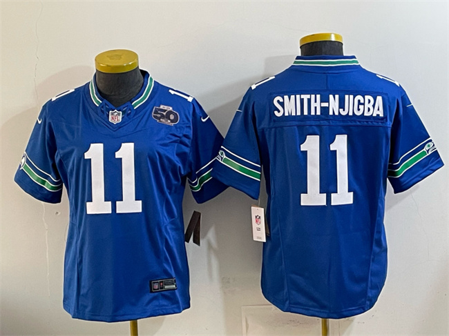 Women's Seattle Seahawks #11 Jaxon Smith-Njigba Royal 2024 F.U.S.E 50th Anniversary Patch Throwback Vapor Limited Stitched Football Jersey(Run Small)