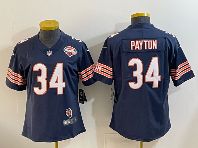 Women's Chicago Bears #34 Walter Payton Navy 2025 NFC North Champions & Illinois Patch Vapor Limited Stitched Jersey(Run Small)