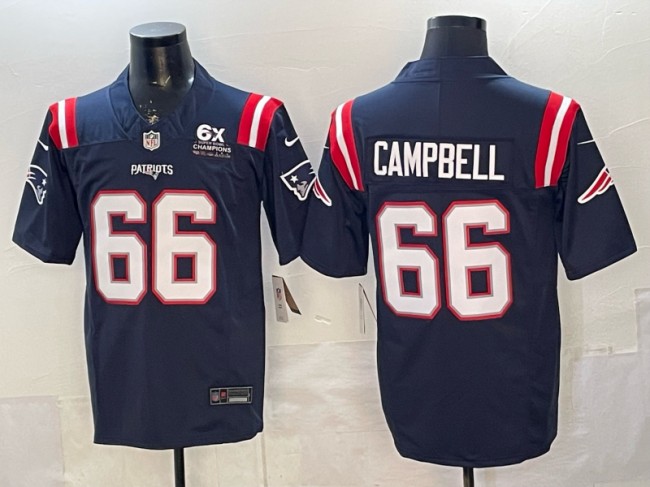 Men's New England Patriots #66 Will Campbell Navy F.U.S.E. 6-Time Champions Patch Vapor Limited Stitched Jersey