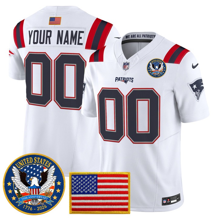 Men's New England Patriots Custom White United States 250th Anniversary Patch F.U.S.E. Vapor Limited Stitched Jersey