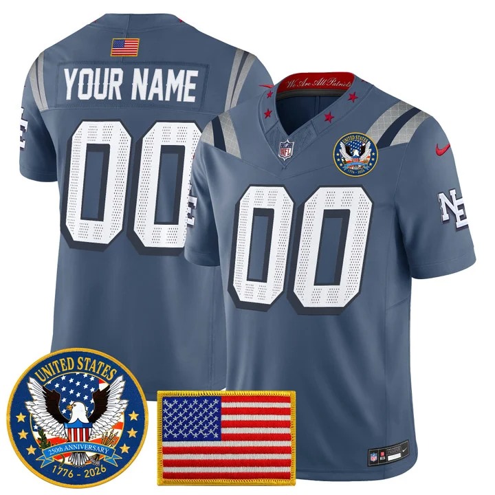 Men's New England Patriots Custom Storm Blue Rivalries United States 250th Anniversary Patch F.U.S.E. Vapor Limited Stitched Jersey