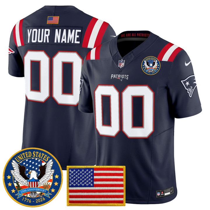 Men's New England Patriots Custom Navy United States 250th Anniversary Patch F.U.S.E. Vapor Limited Stitched Jersey