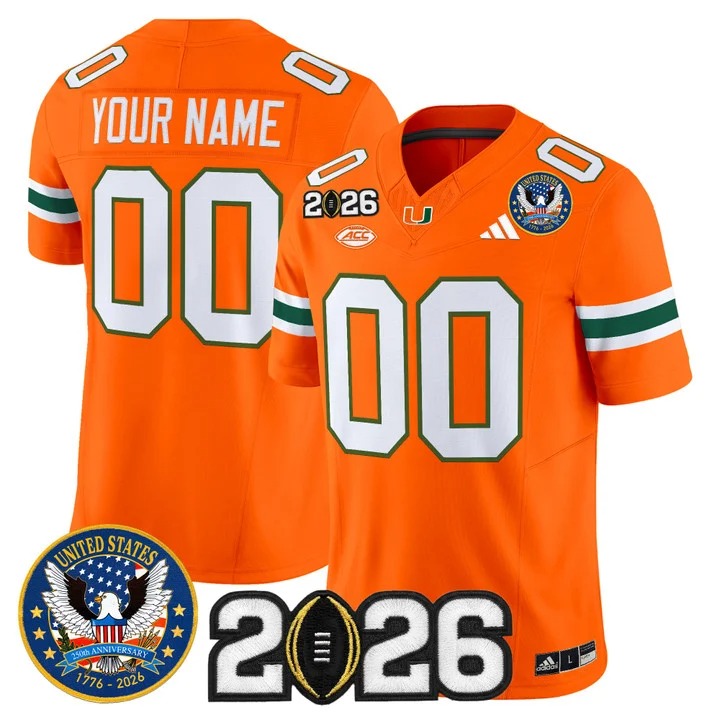 Men's Miami Hurricanes Custom Orange United States 250th Anniversary & 2026 CFP Final Patch F.U.S.E. Vapor Limited Stitched Jersey