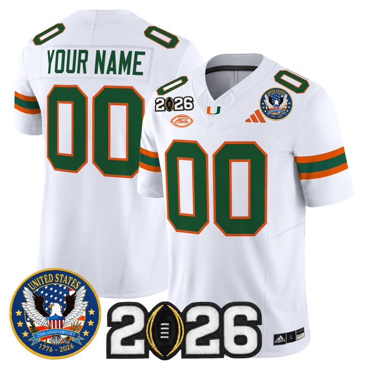 Men's Miami Hurricanes Custom White United States 250th Anniversary & 2026 CFP Final Patch F.U.S.E. Vapor Limited Stitched Jersey