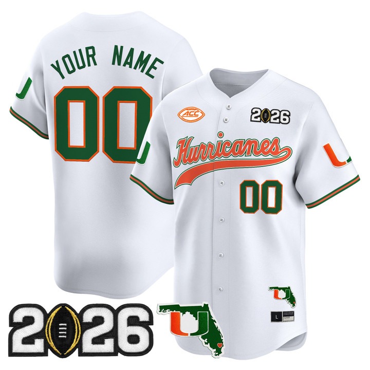 Men's Miami Hurricanes Baseball Custom White 2026 CFP Final & Florida Patch Limited Stitched Jersey
