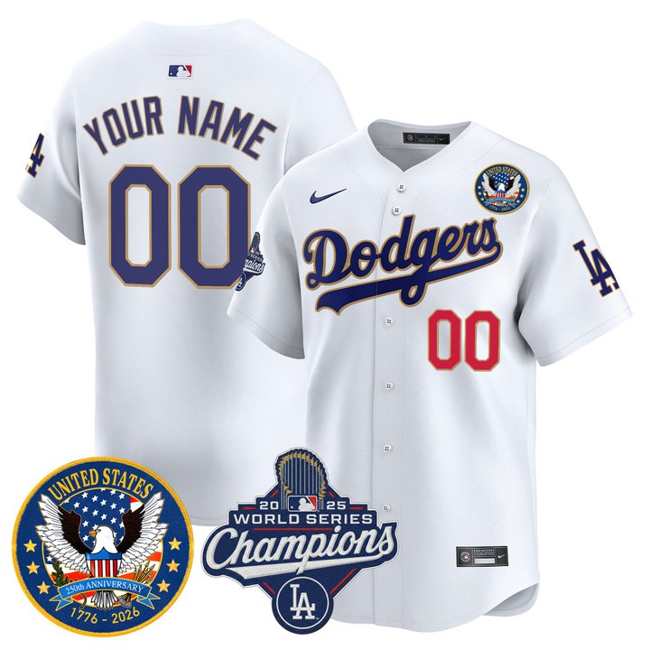 Men's Los Angeles Dodgers Custom White 2025 World Series Champions & America 250th Patch Gold Trim Limited Stitched Jersey