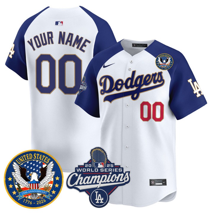 Men's Los Angeles Dodgers Custom White Alternate 2025 World Series Champions & America 250th Patch Gold Trim Limited Stitched Jersey