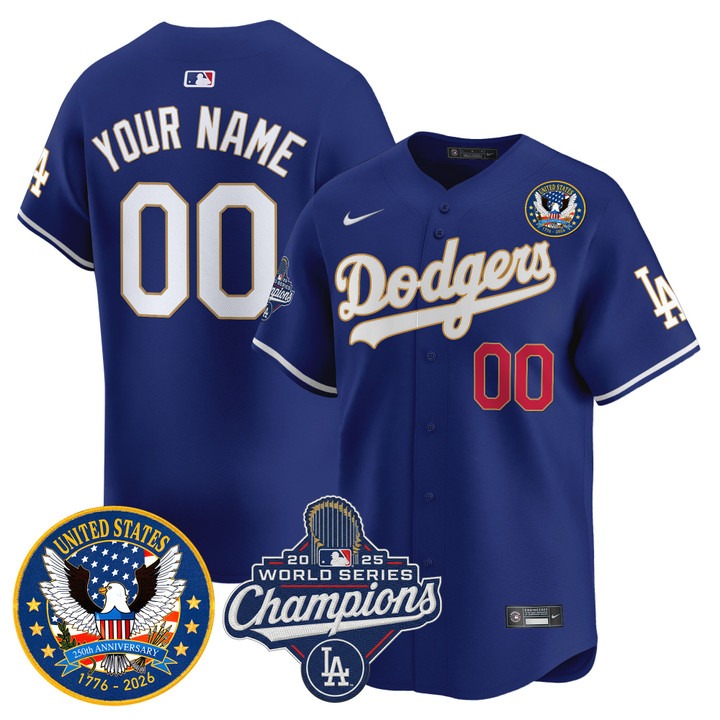 Men's Los Angeles Dodgers Custom Royal 2025 World Series Champions & America 250th Patch Gold Trim Limited Stitched Jersey