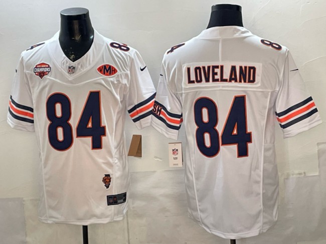 Men's Chicago Bears #84 Colston Loveland White F.U.S.E. 2025 NFC North Champions & Illinois & VMH Patch Vapor Limited Stitched Jersey