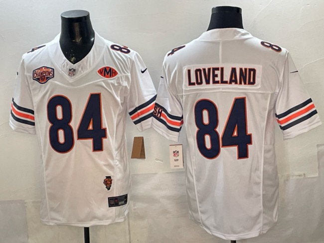 Men's Chicago Bears #84 Colston Loveland White F.U.S.E. 2025 NFC North Division Champions & Illinois & VMH Patch Vapor Limited Stitched Jersey