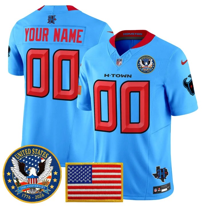 Men's Houston Texans Custom Blue United States 250th Anniversary Patch F.U.S.E. Vapor Limited Stitched Jersey