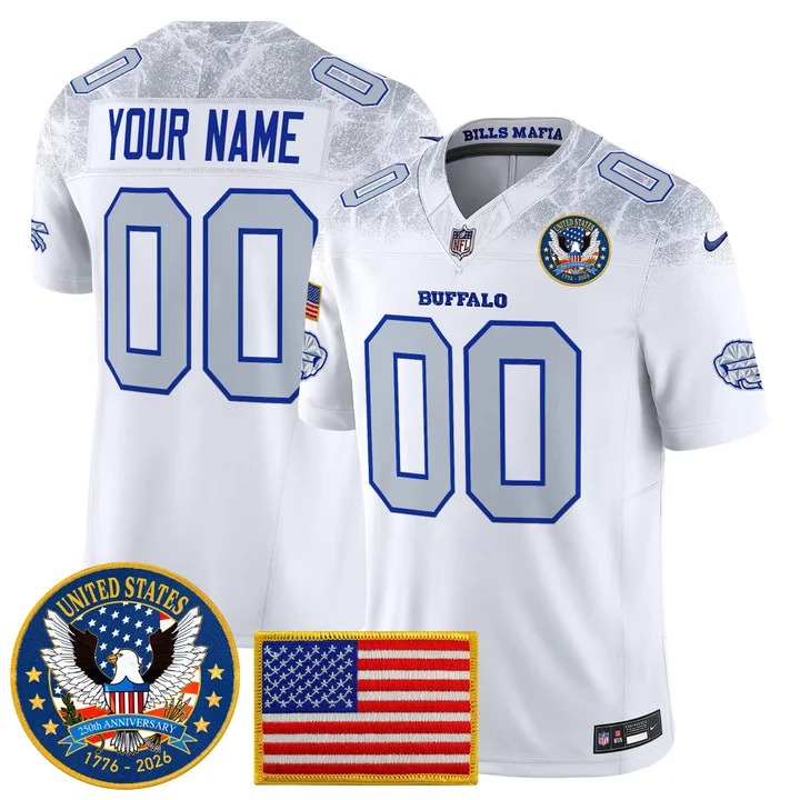 Men's Buffalo Bills Custom White Rivalries United States 250th Anniversary Patch Vapor Limited Stitched Jersey