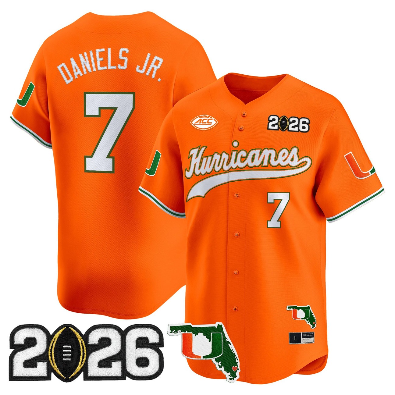 Men's Miami Hurricanes Baseball #7 CJ Daniels Orange 2026 CFP Final & Florida Patch Limited Stitched Jersey