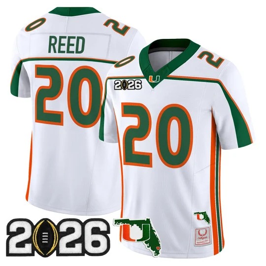 Men's Miami Hurricanes #20 Ed Reed White Throwback 2026 CFP Final & Florida Patch F.U.S.E. Vapor Limited Stitched Jersey