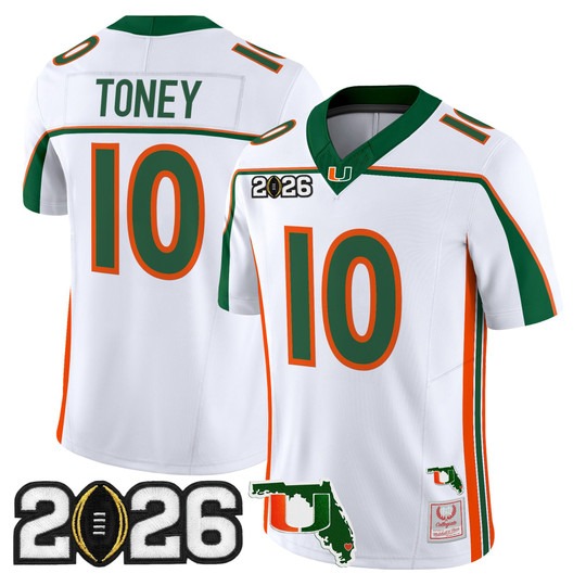 Men's Miami Hurricanes #10 Malachi Toney White Throwback 2026 CFP Final & Florida Patch F.U.S.E. Vapor Limited Stitched Jersey